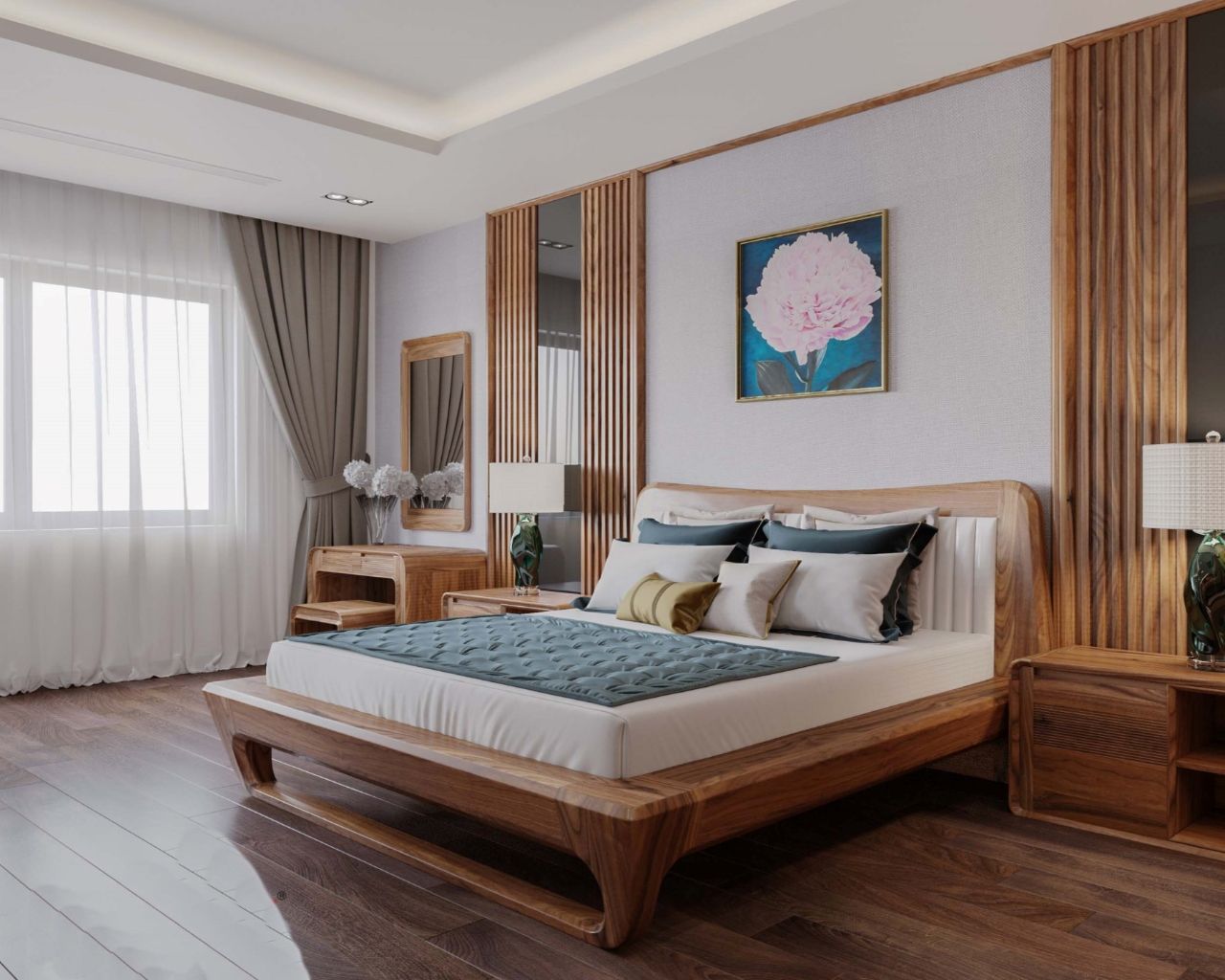 Phòng ngủ gỗ tự nhiên phối gam màu trung tính tạo cảm giác nhẹ nhàng