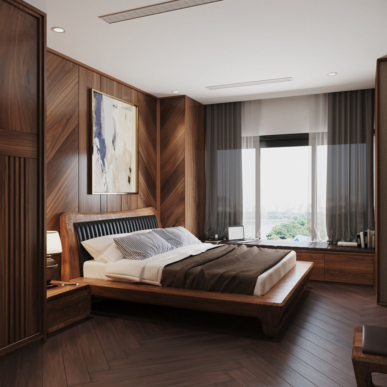 Phòng ngủ màu vẫn gỗ óc chó màu nâu trầm ấm