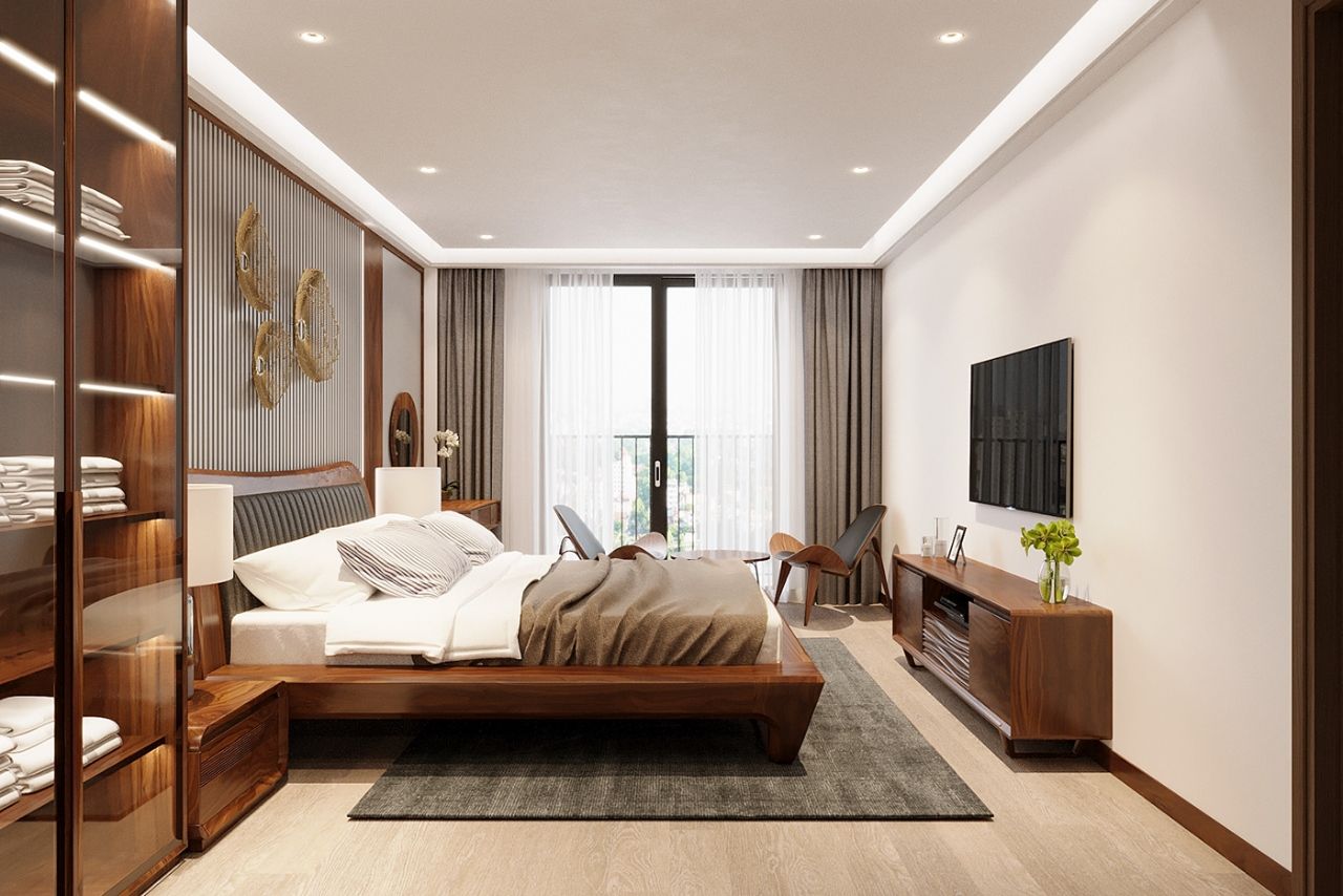 Thiết kế phòng ngủ gỗ óc chó đơn giản nhưng đầy đủ tiện nghi cho gia chủ