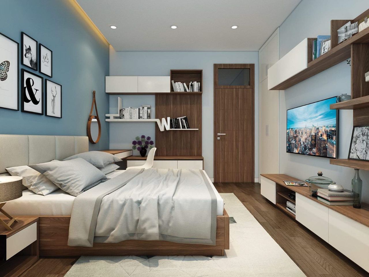 Phòng ngủ gỗ tự nhiên phối màu xanh nhẹ nhàng
