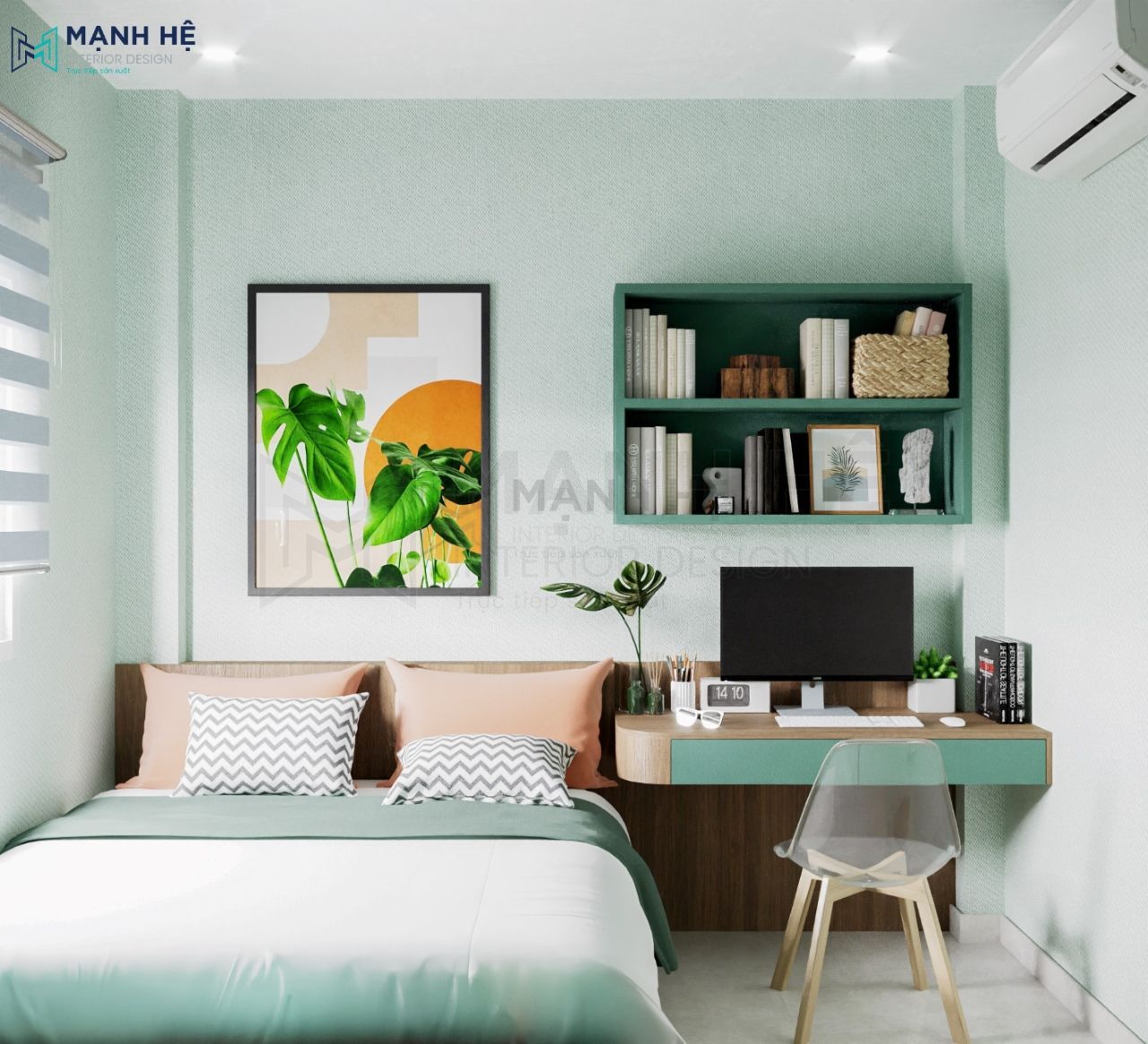 Phòng ngủ thứ 01 chọn gam màu xanh nhạt tạo cảm giác nhẹ nhàng