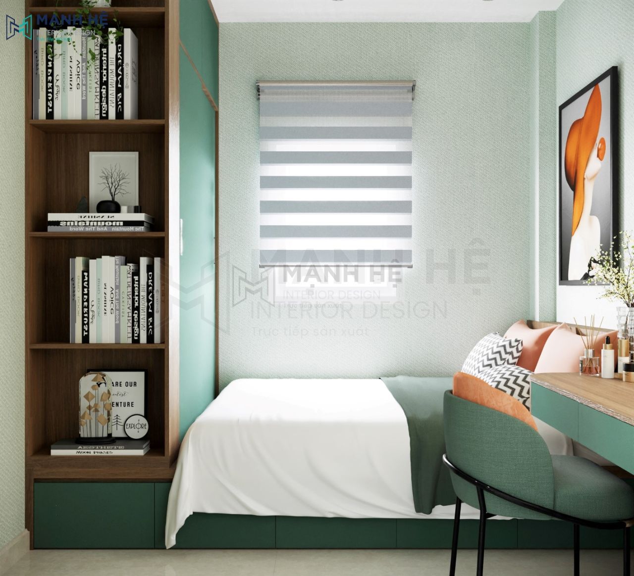 Giường ngủ tích hợp tủ quần áo và kệ sách tiện nghi