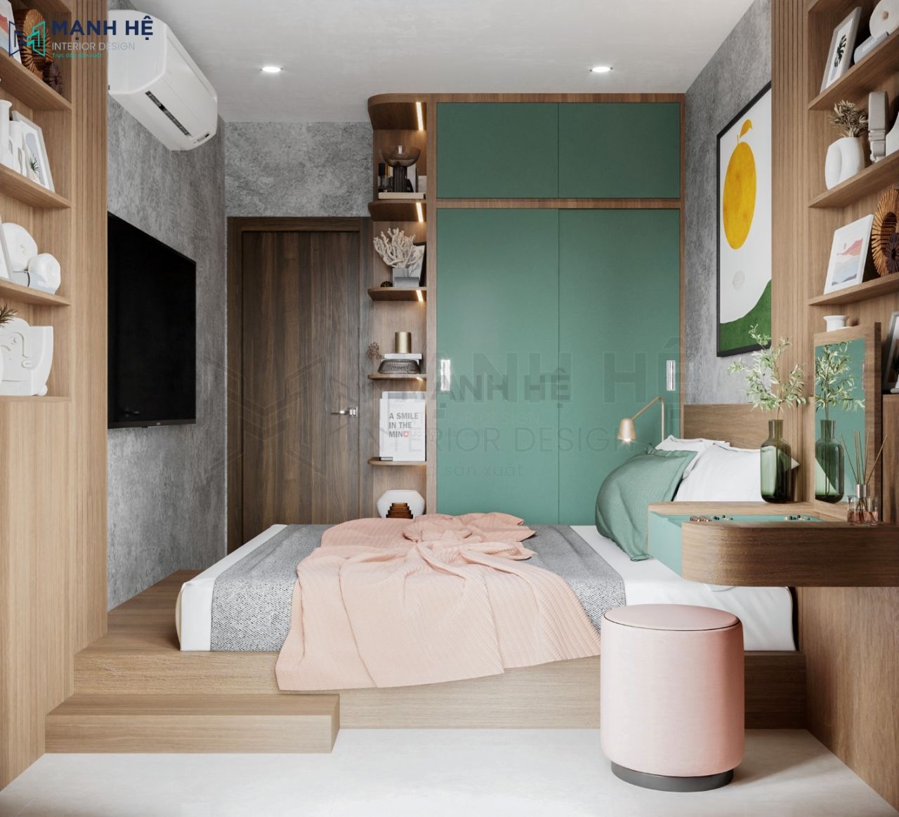Điểm nhấn giường ngủ kết hợp bậc cầu thang độc đáo