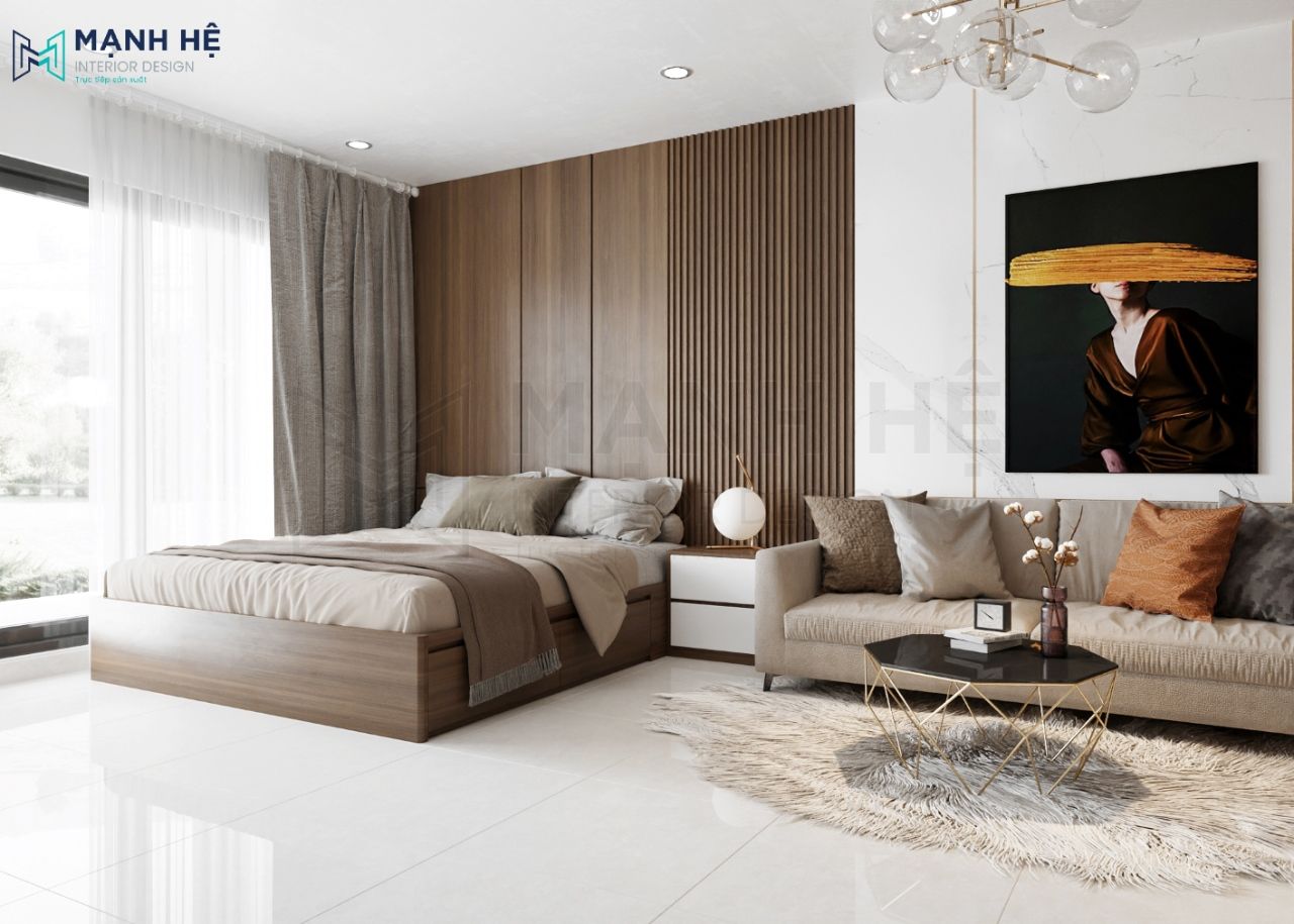 Bố trì giường ngủ gỗ công nghiệp cạnh cửa sổ