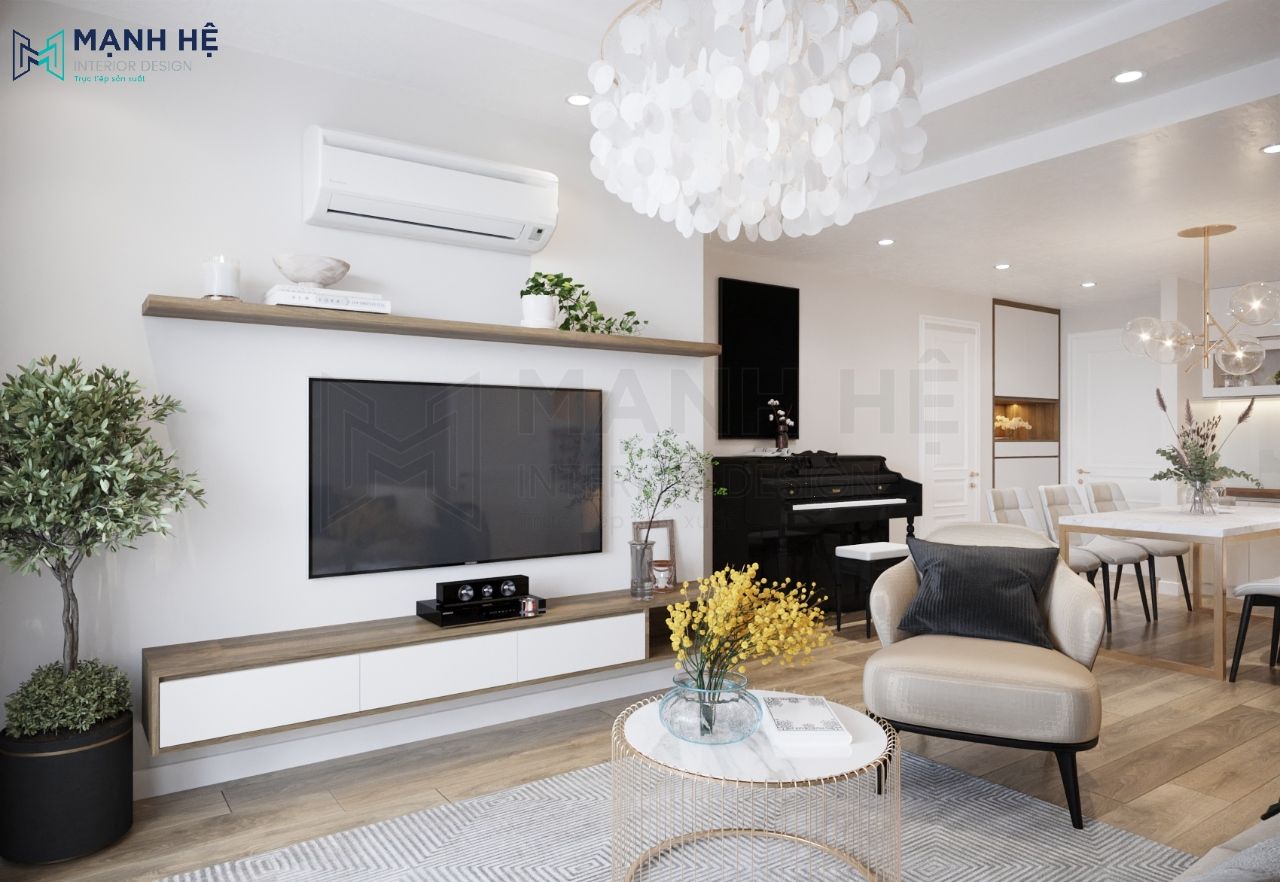 Kệ tivi gỗ công nghiệp cùng kệ trang trí treo tường