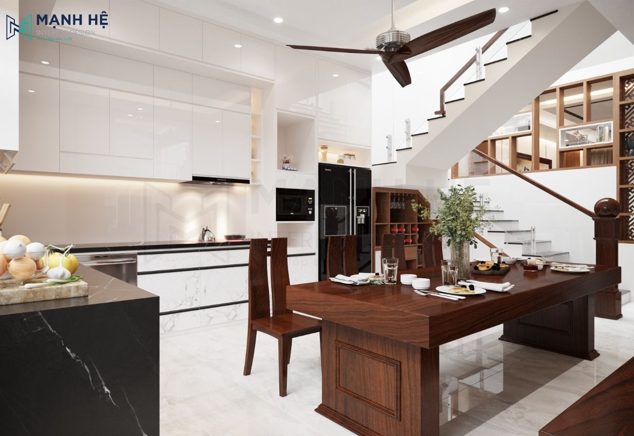 Bộ bàn ăn gỗ tự nhiên lớn chắc chắn làm nơi tiếp khách và ăn uống của gia chủ