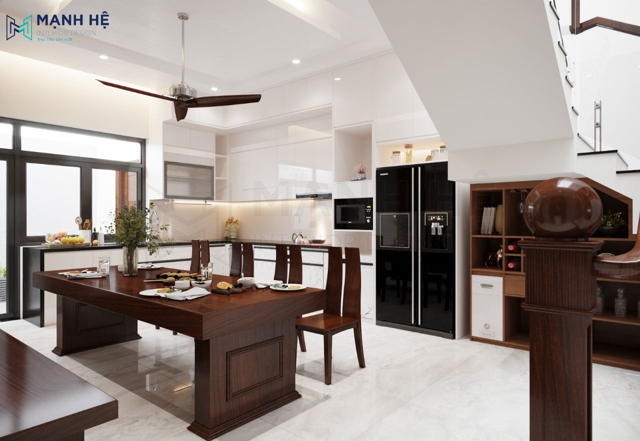 Nội thất phòng bếp gỗ tự nhiên kết hợp gỗ công nghiệp tiện nghi