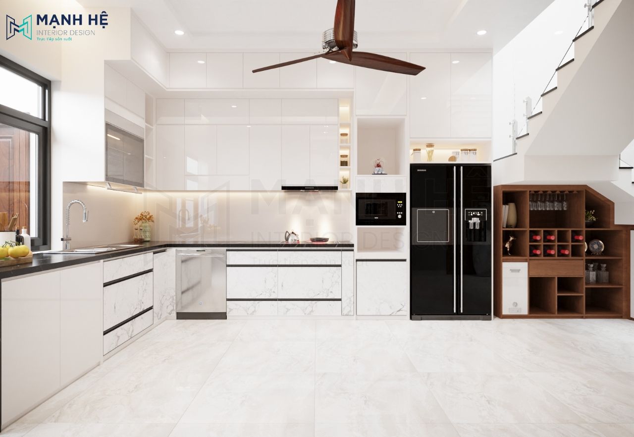Tủ bếp gỗ công nghiệp chữ L phủ acrylic và melamine