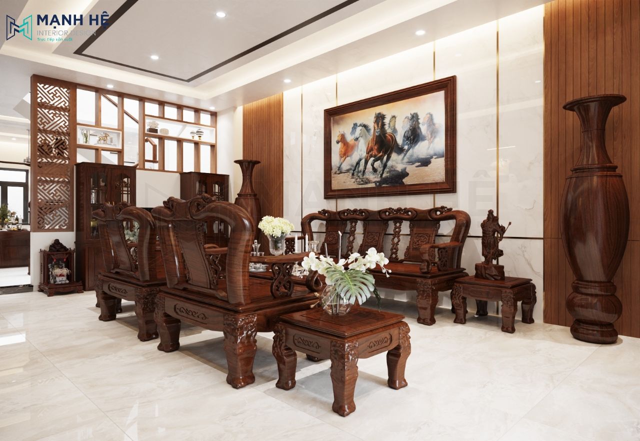 Không gian phòng khách hiện đại với nội thất gỗ màu nâu đậm