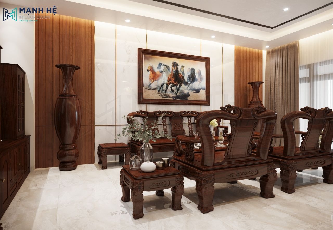 Vách ốp tường phủ acrylic sáng bóng kết hợp các nẹp vàng rực rỡ