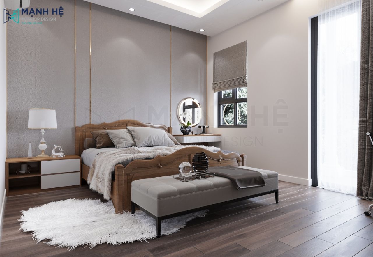 giường ngủ gỗ tự nhiên kết hợp ghế sofa dài uống trà hiện đại