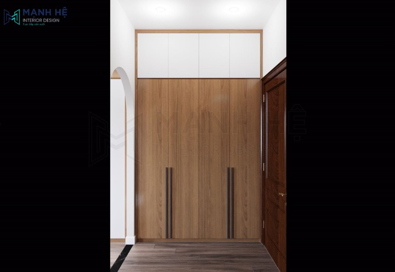 Tủ quần áo âm tường cao đụng trần cánh mở từ gỗ công nghiệp phủ melamine
