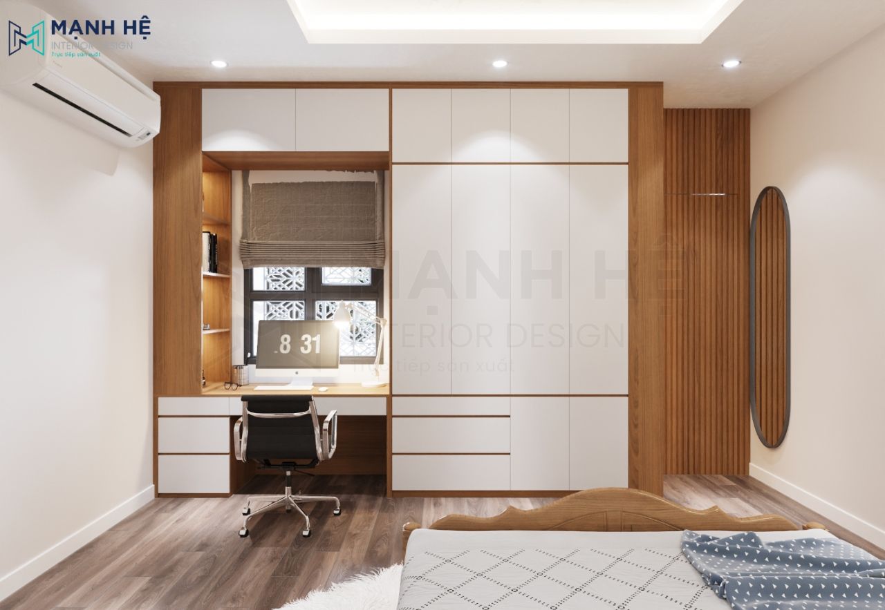 Tủ quần áo tích hợp thêm bàn làm việc gỗ công nghiệp