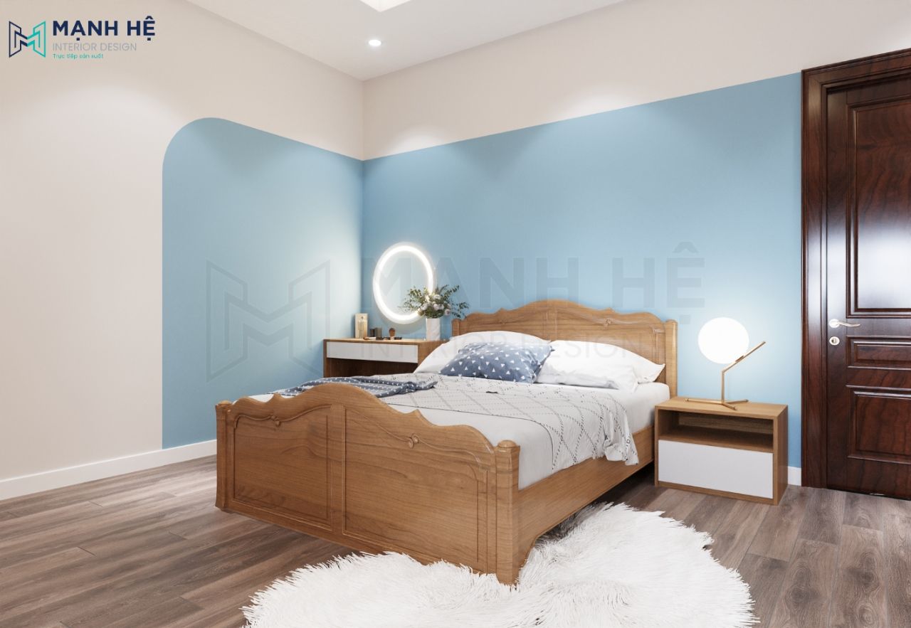 Không gian phòng ngủ thứ 02 với nhấn tường màu xanh nổi bật