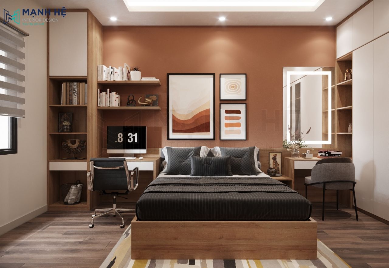 Không gian phòng ngủ thứ 03 với điểm nhấn tường màu nâu cam trầm tính