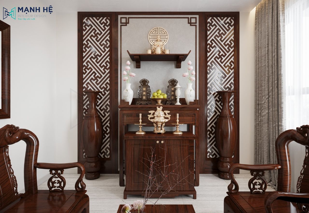 Đường nét thiết kế phòng thờ sắc sảo đảm bảo các yếu tố tâm linh và văn hóa Việt