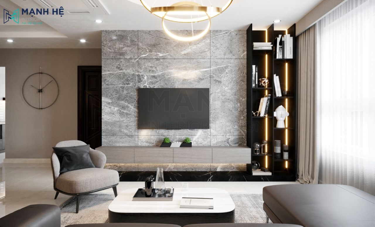 Ốp tường đá vân mây tự nhiên sau kệ tivi