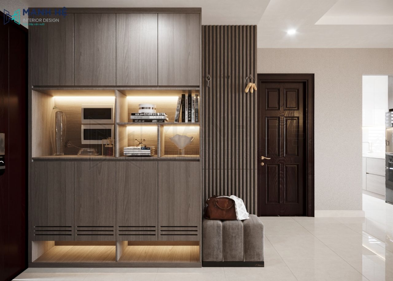 Mẫu 3: Tủ giày kịch trần 4 ngăn màu xám có kệ hở đựng dép đi trong nhà