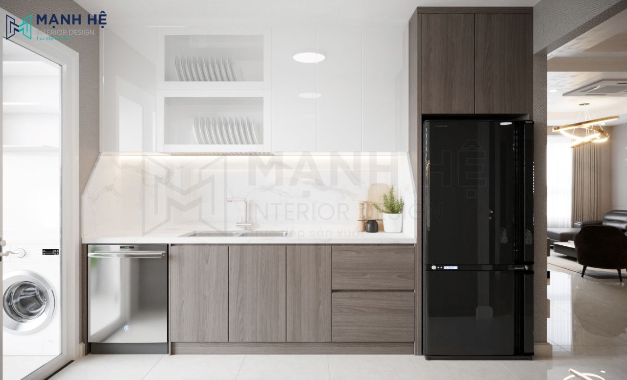 Hệ tủ bếp gỗ công nghiệp với sự kết hợp giữa acrylic và melamine