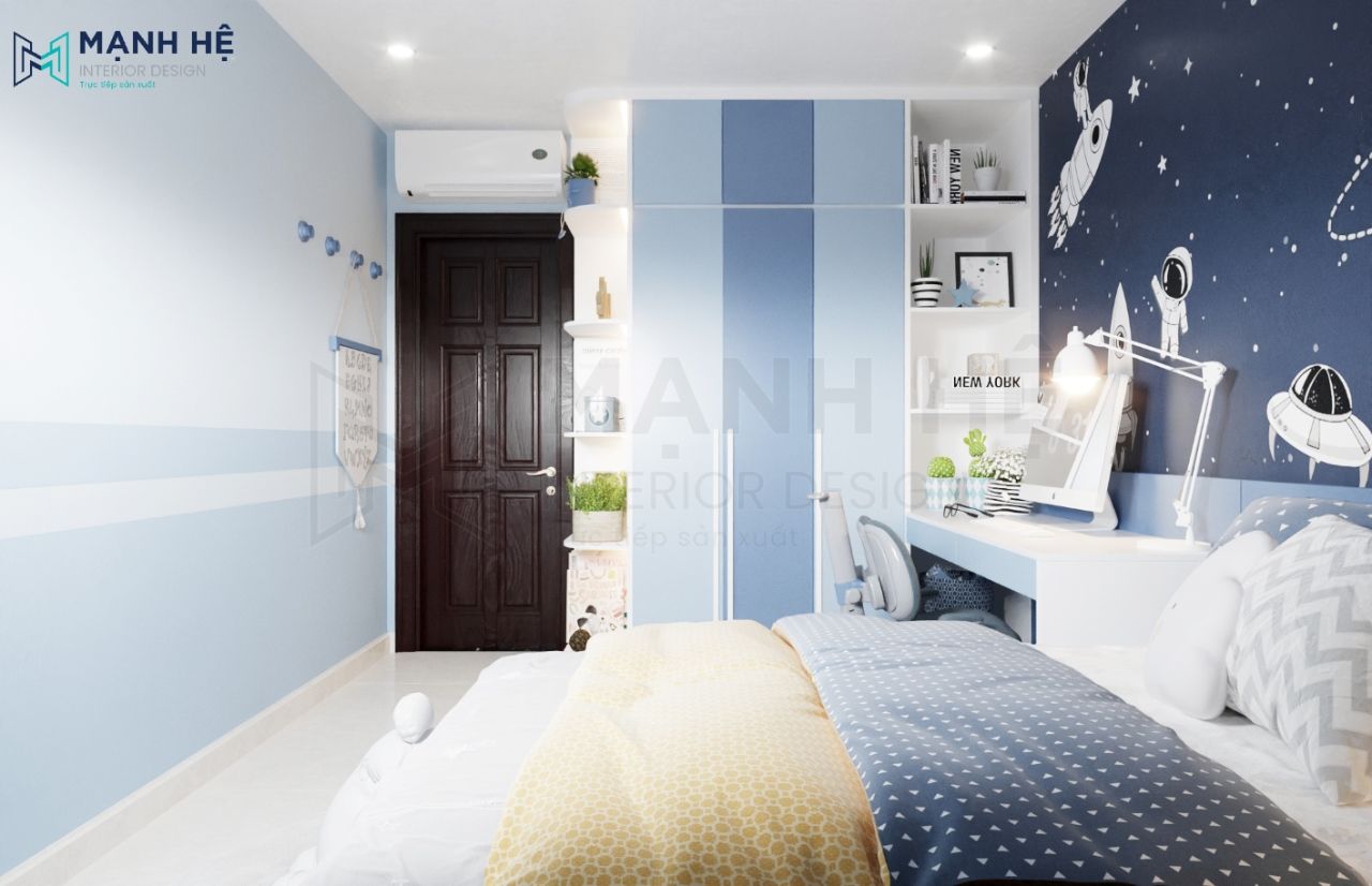 Tủ quần áo tích hợp kệ trang trí và bàn học bên cạnh