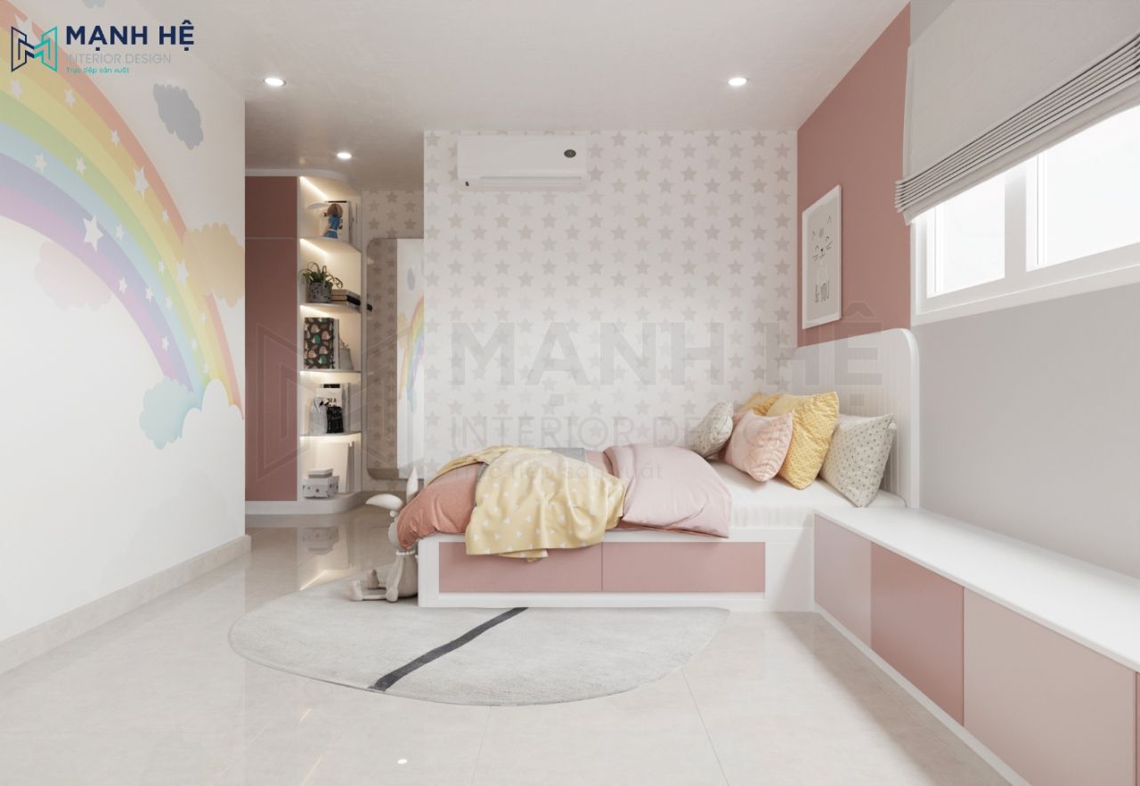Ghế sofa chữ I đặt cạnh cửa sổ, tích hợp thêm ngăn hộc đựng đồ vào giường ngủ