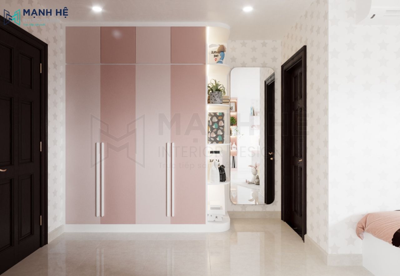 Thiết kế tủ quần áo cao đụng trần với sự xen kẽ giữa màu hồng đậm và hồng nhạt