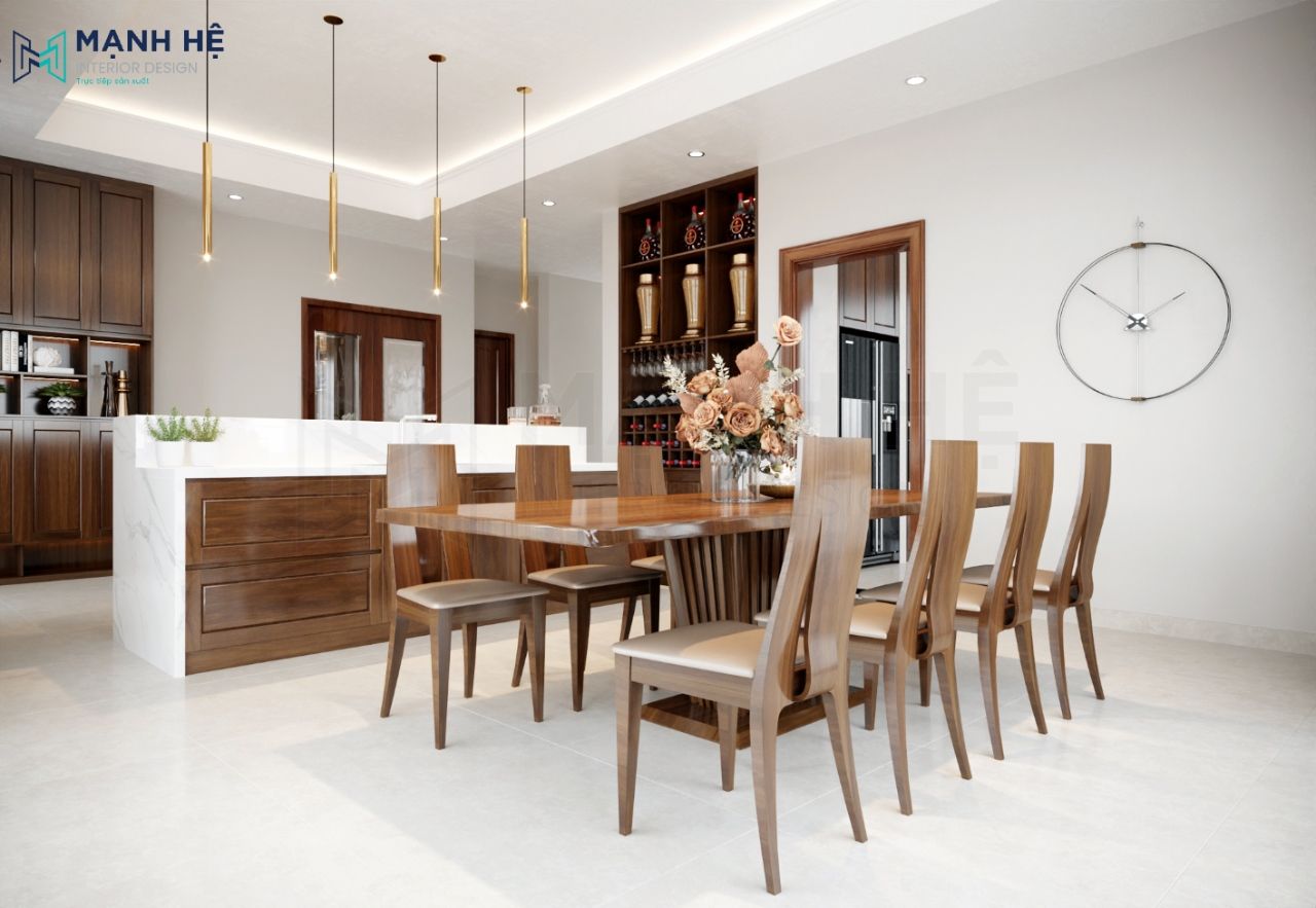 Bộ bàn ăn 8 người đặt giữa không gian phòng bếp