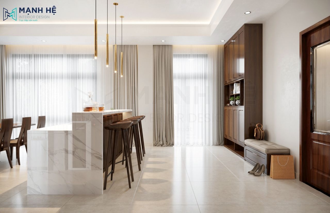 Tối ưu ánh sáng phòng bếp bằng thiết kế rèm 2 lớp gam màu nhẹ nhàng