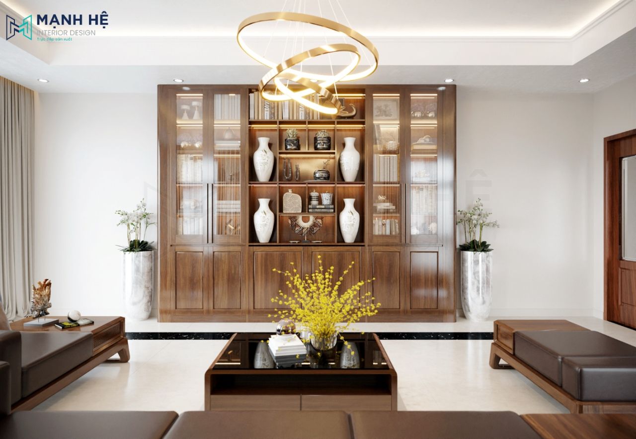 Ánh sáng đèn trần thả với thiết kế lạ mắt đủ để phân bổ ánh sáng đến toàn bộ phòng khách