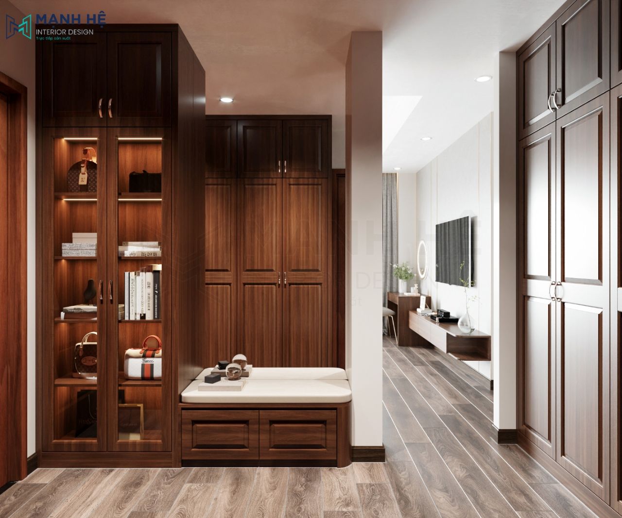 Tủ sách kết hợp để mỹ phẩm cùng ghế đôn ngồi thay giày thông minh