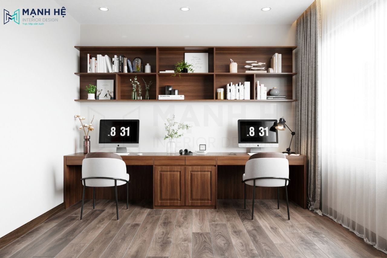 Bàn làm việc đôi với kệ sách treo tường