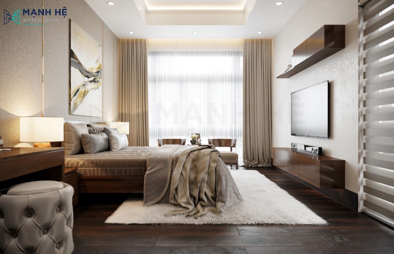 Giường ngủ lớn kết hợp thảm lông lót sàn tinh tế tion