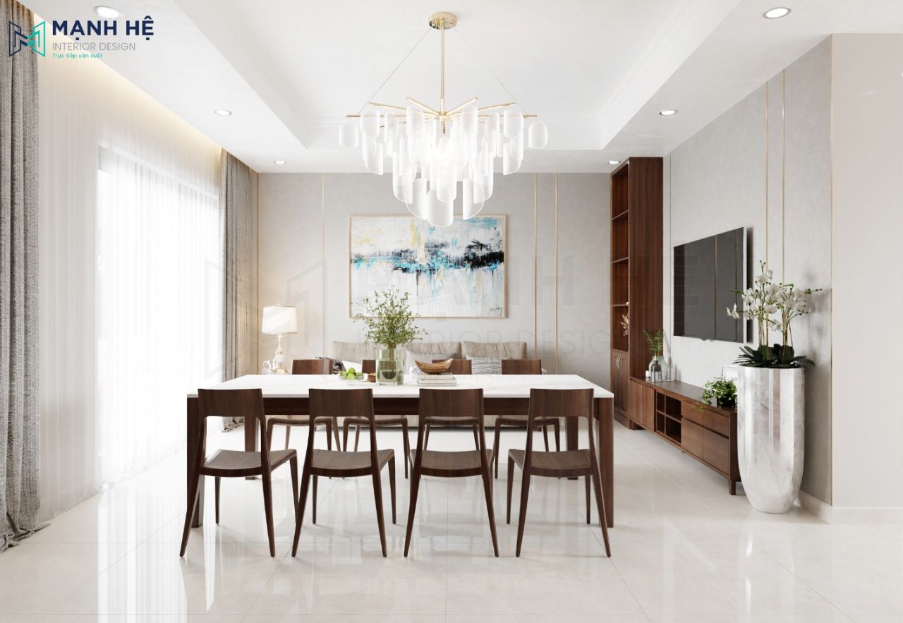 Không gian sinh hoạt chúng với gam màu trắng chủ đạo