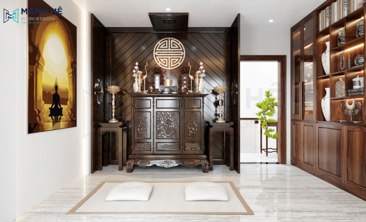 Không gian phòng thờ riêng làm từ gỗ tự nhiên quý hiếm của biệt thự