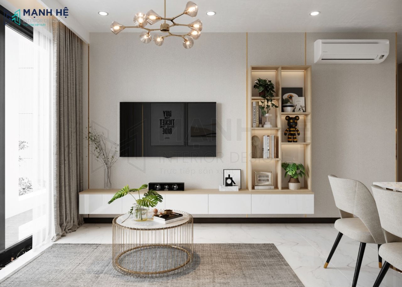 Kệ tivi thiết kế liền kệ trang trí tiện nghi bằng gỗ công nghiệp