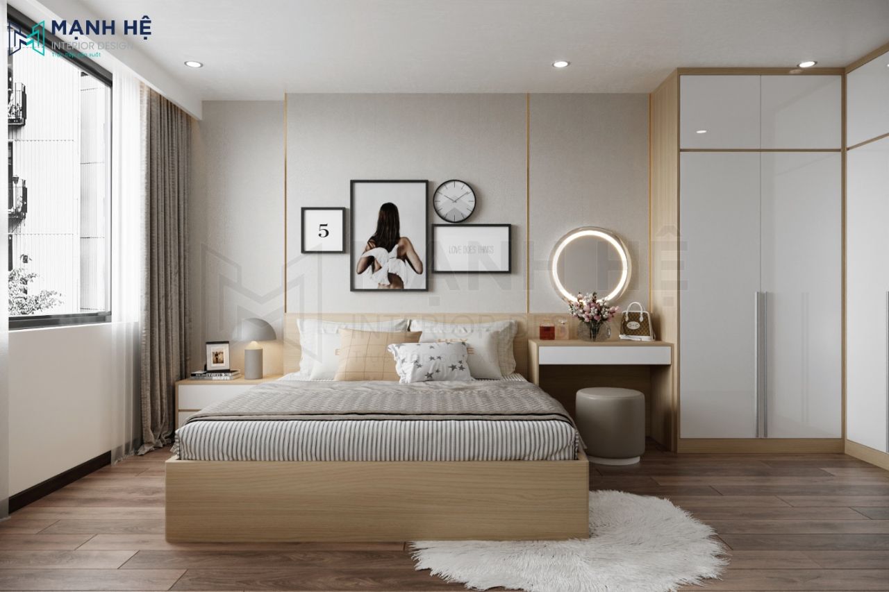 Dán tường giấy xi măng với đường ron vàng phân tách không gian hiệu quả