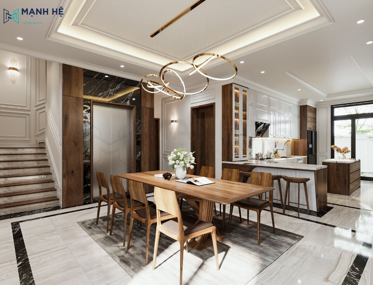 Bộ bàn ăn 8 người phù hợp với đại gia đình, thiết kế đơn giản, đẹp mắt