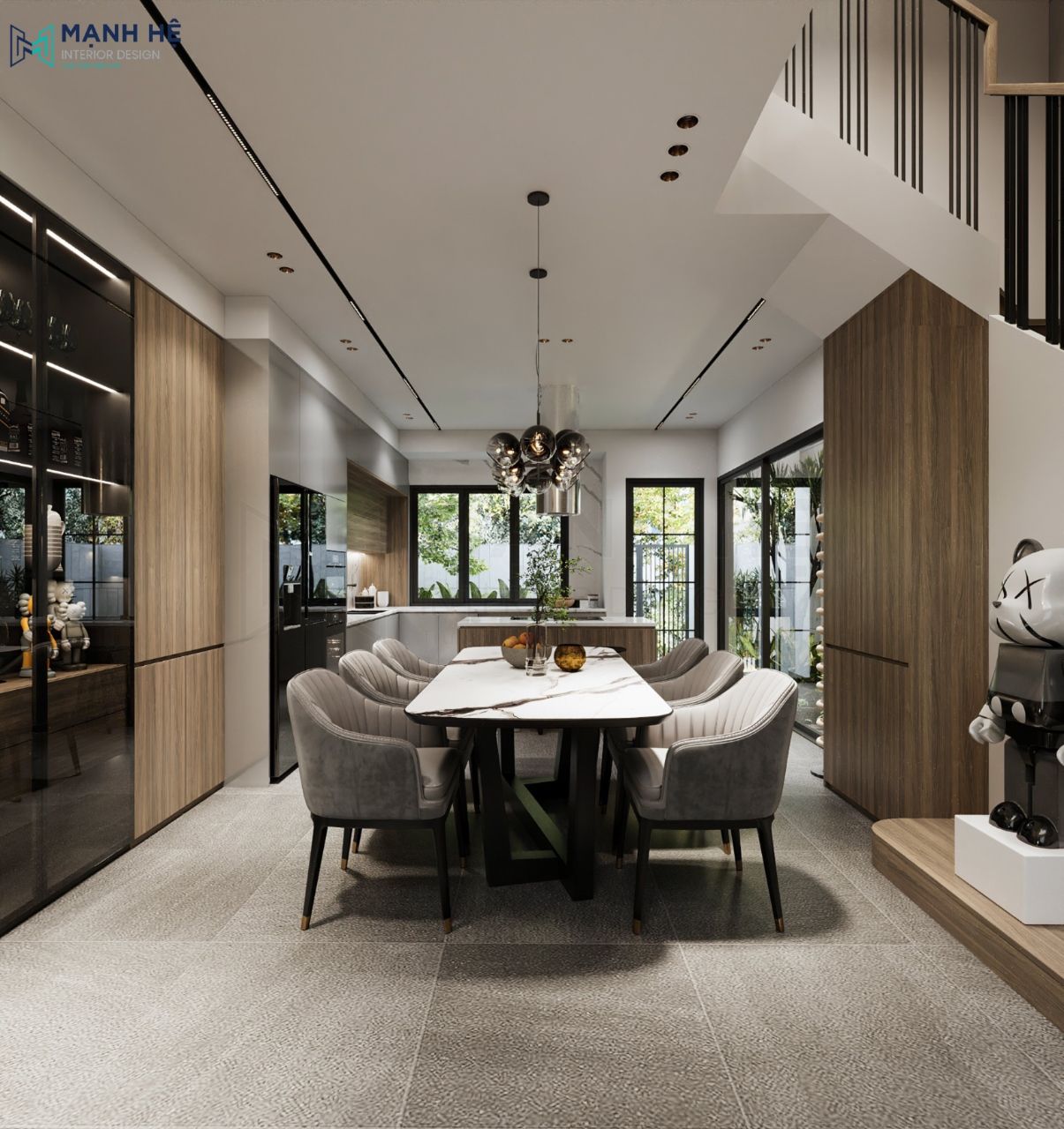 Bộ bàn ăn 6 người đặt giữa không gian phòng bếp