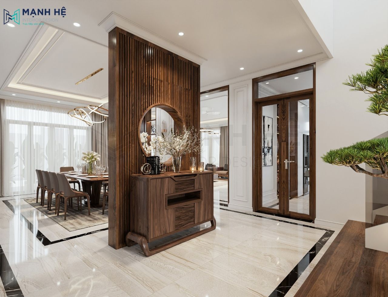 Thiết kế vách lam gỗ ngăn cách không gian phòng ăn với cây cảnh trong nhà.