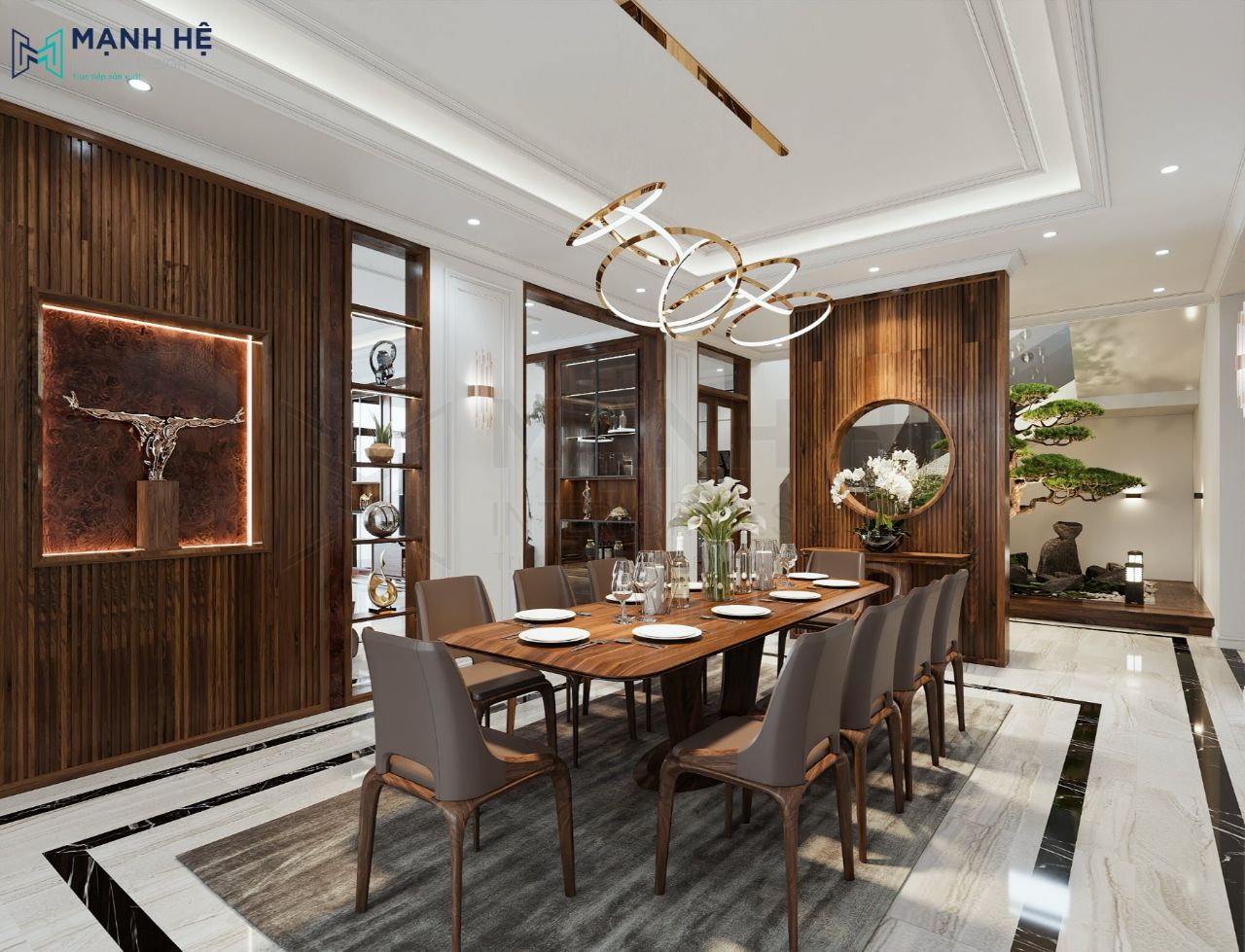 Bộ bàn ăn 10 người dành cho đại gia đình bằng chất liệu gỗ tự nhiên