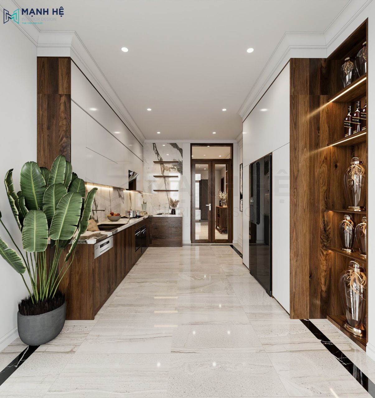 Tủ bếp trên thiết kế với chất liệu gỗ phủ acrylic bóng loáng, nhẵn mịn.