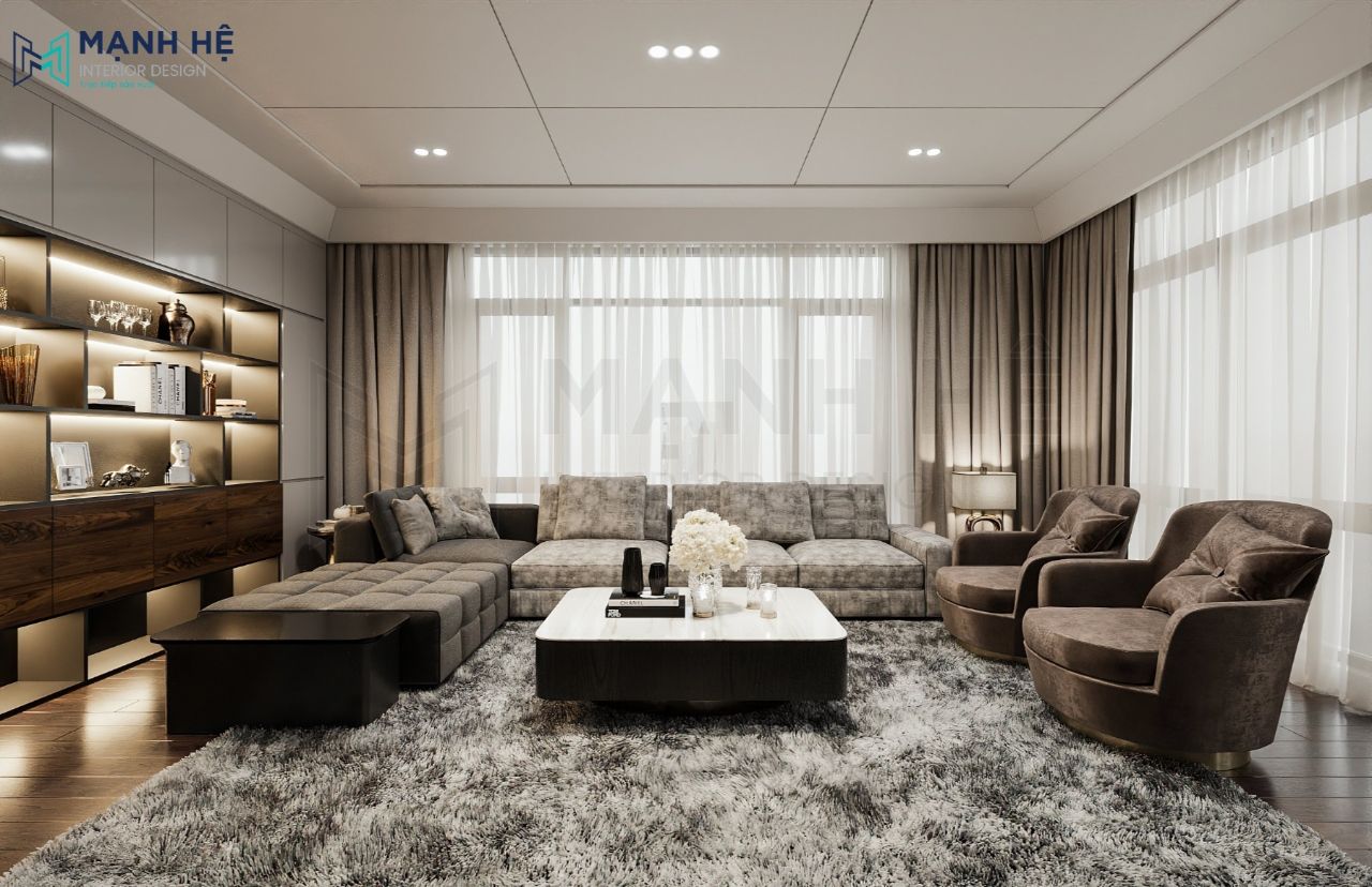 Bộ ghế sofa bố trí dạng chữ U sang trọng, bọc vải nhung cao cấp