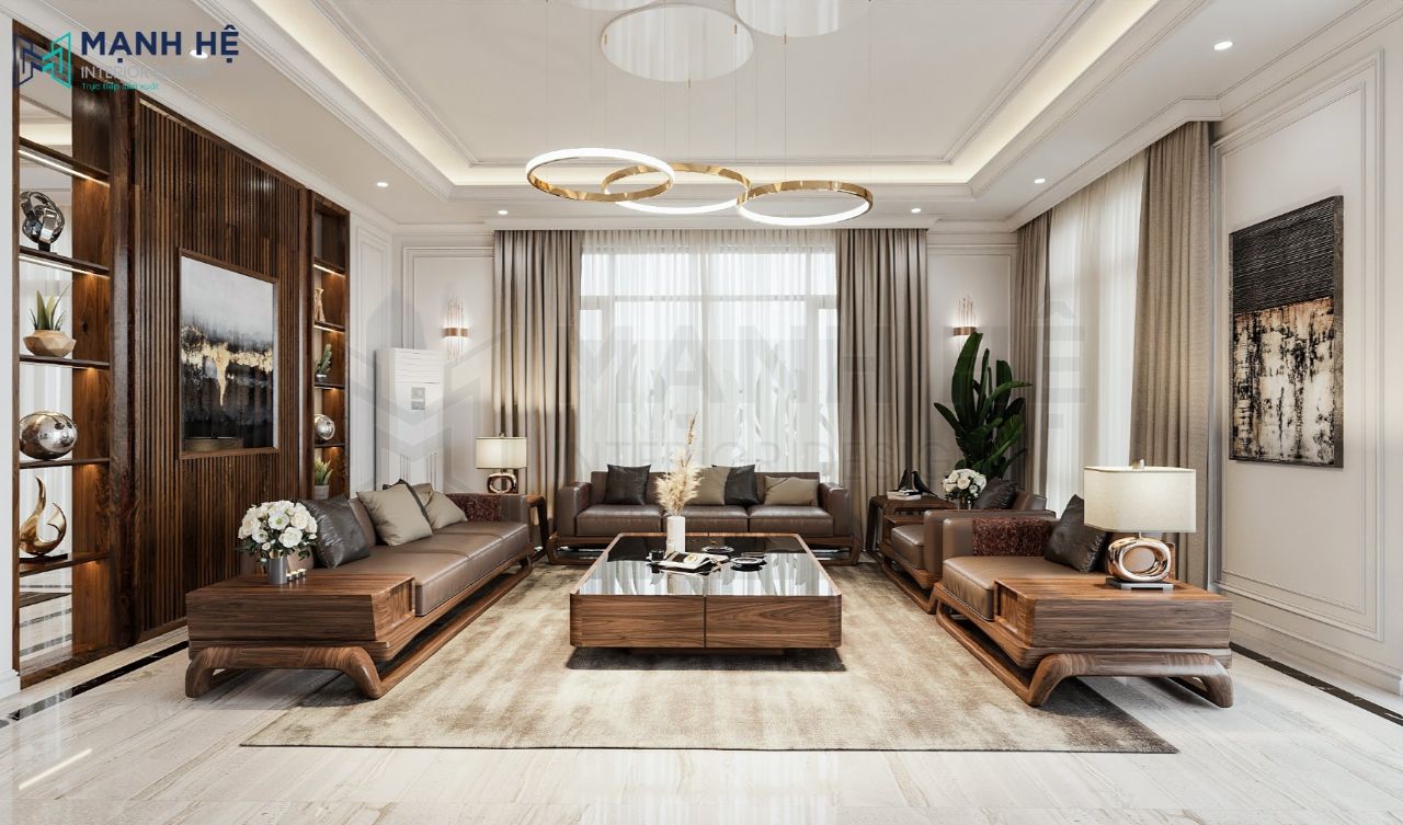 Bộ ghế sofa dạng chữ U bằng chất liệu gỗ tự nhiên với họa tiết vân gỗ sang chảnh
