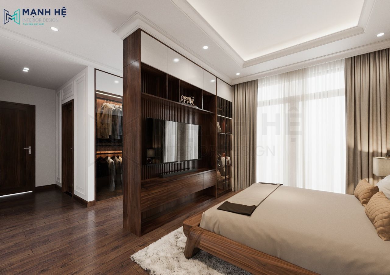 Tủ tivi làm vách ngăn với phòng thay đồ phía sau