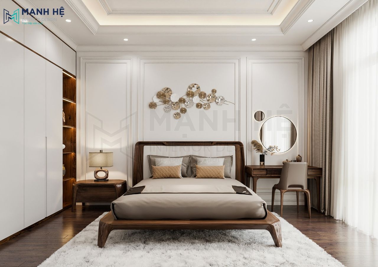 Bố trí bàn trang điểm và tab đầu giường tiện lợi, phù hợp với diện tích không gian