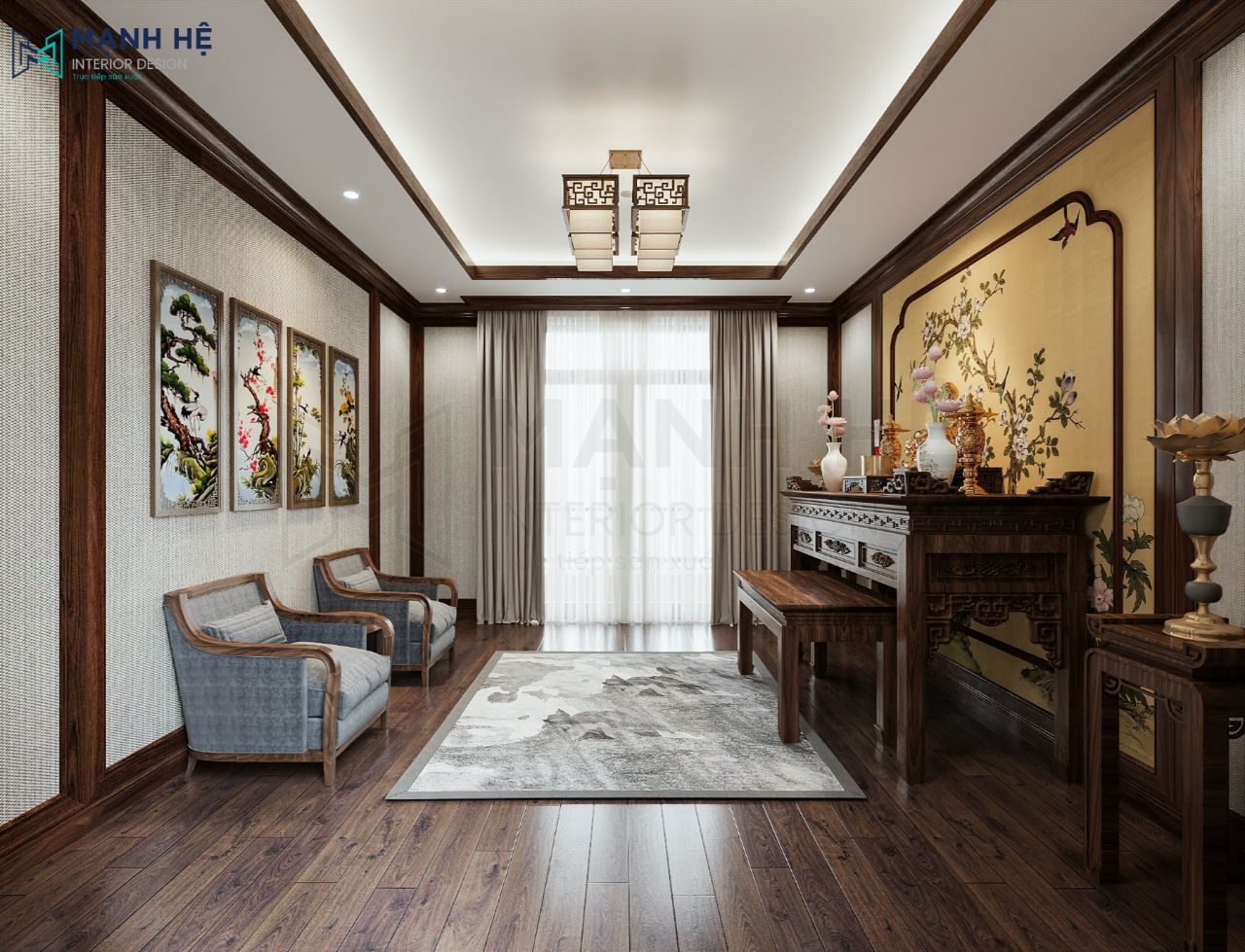 Hệ thống đèn led kết hợp đèn thả trần với họa tiết cổ điển lộng lẫy, sang trọng.