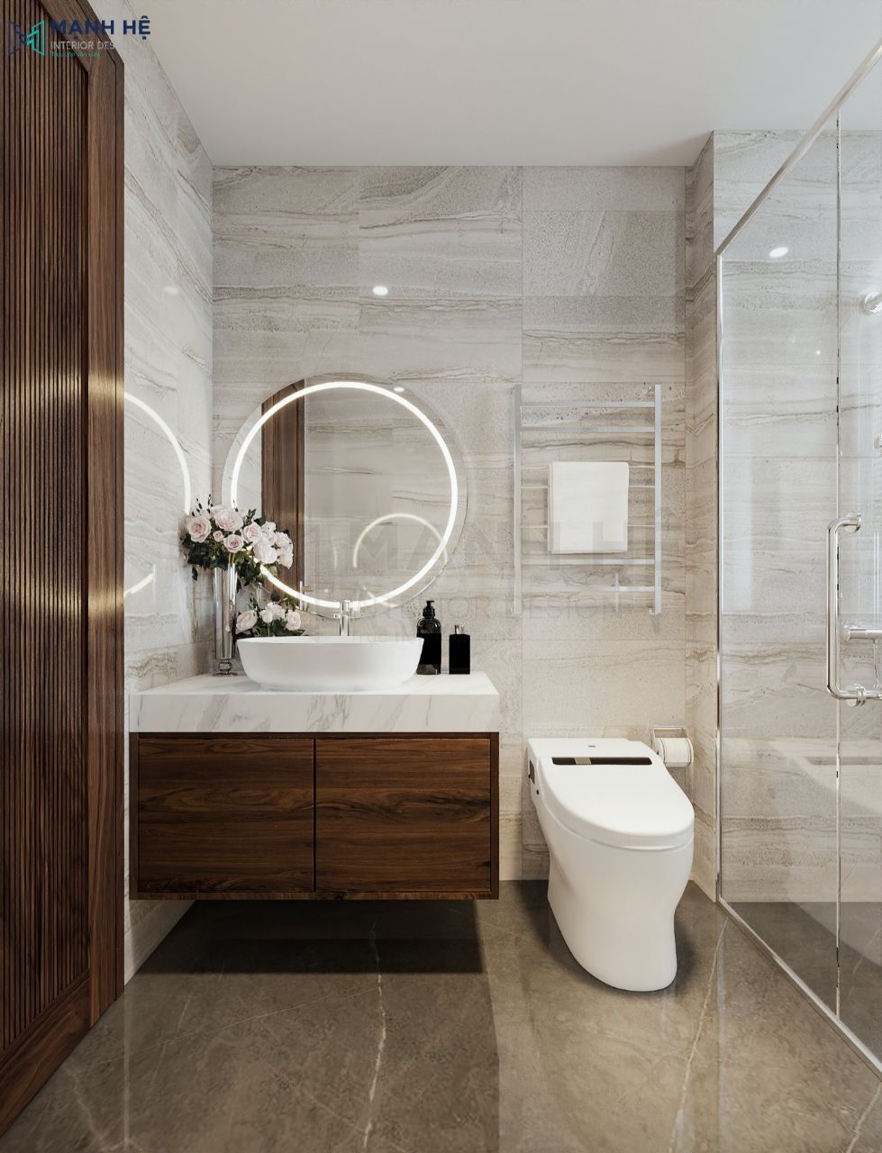 Nội thất toilet cơ bản với bồn rửa mặt nhỏ gọn kết hợp với gương tròn bắt mắt