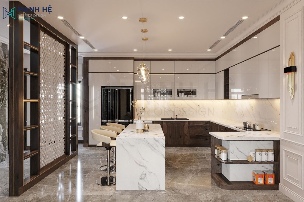 Hệ tủ bếp chũ L trên thiết kế với chất liệu gỗ công nghiệp phủ acrylic