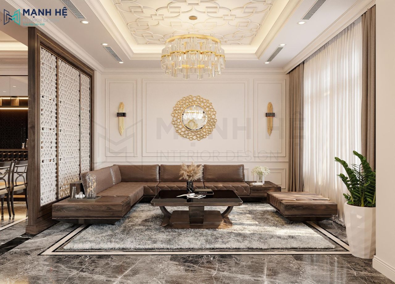 Bộ ghế sofa dạng chữ U với màu nâu da bò tạo điểm nhấn cho không gian phòng khách