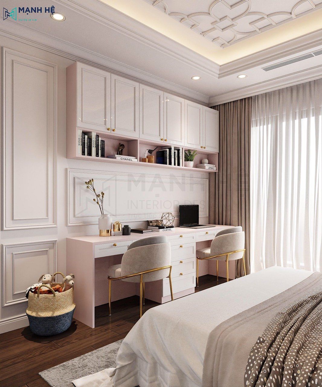 Bàn học đôi cùng kệ sách treo tường cao đụng trần hiện đại